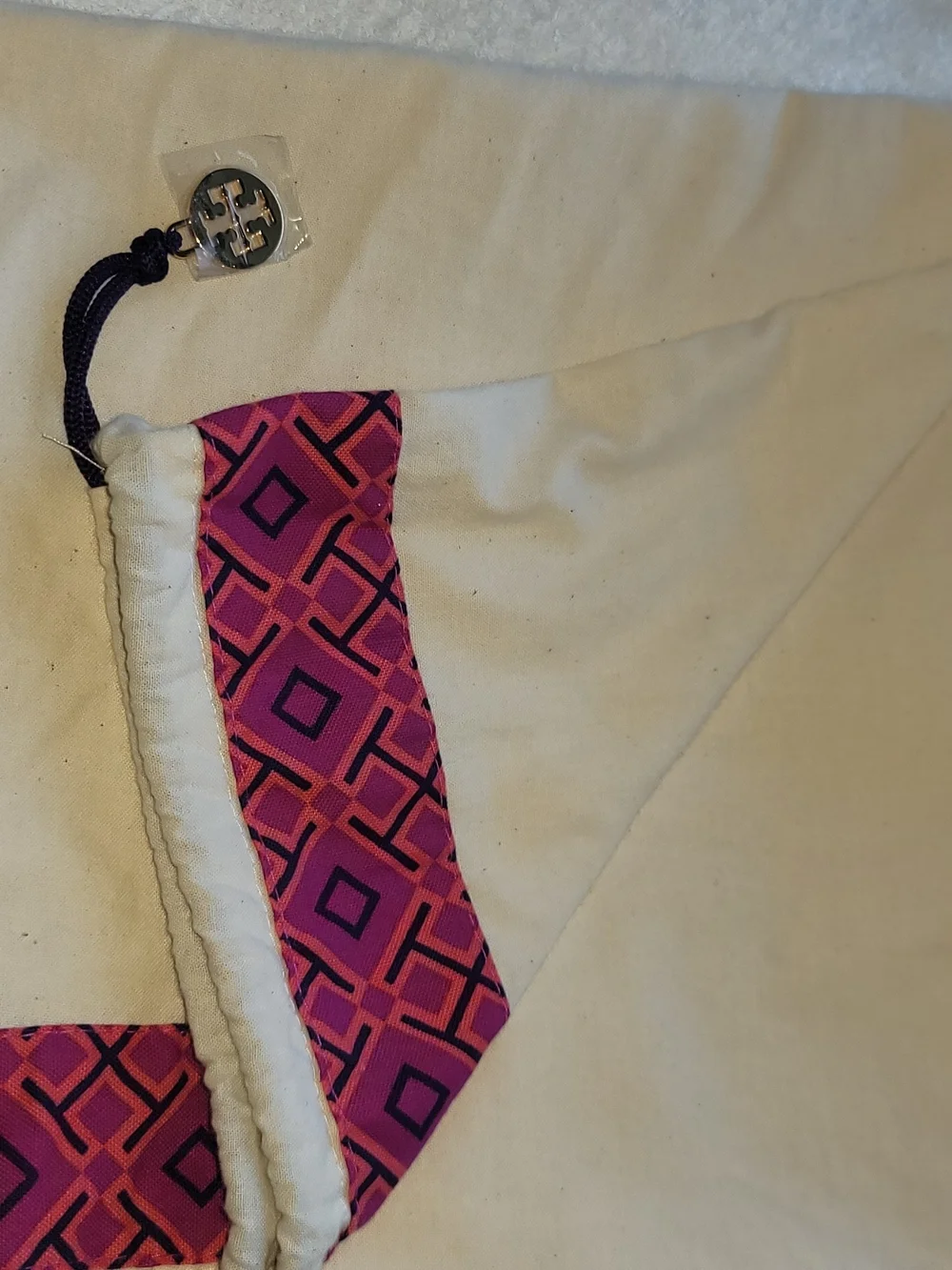 Large Tory Burch Cream Drawstring Dust Bag with Purple Geometric Trim